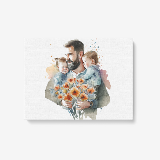 Father Holding Two Children with Flowers – Lovichy Colorful Wall Art